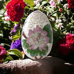 Vtg Chinese Cloisonné Egg Decorative Floral Flowers Cottagecore Shabby Gold Pink